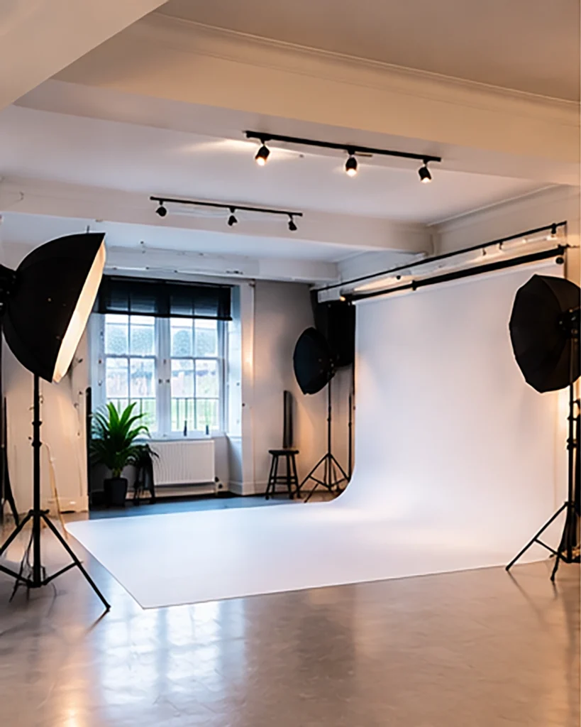 Bright photography studio featuring softbox lights, a white backdrop, and a minimalist design for creative shoots.