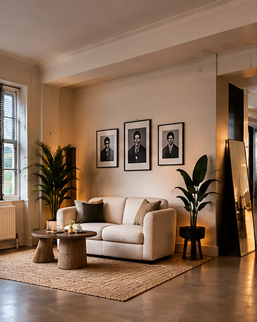 Cozy living room featuring a light sofa, wooden coffee table, plants, and framed portraits on the wall.