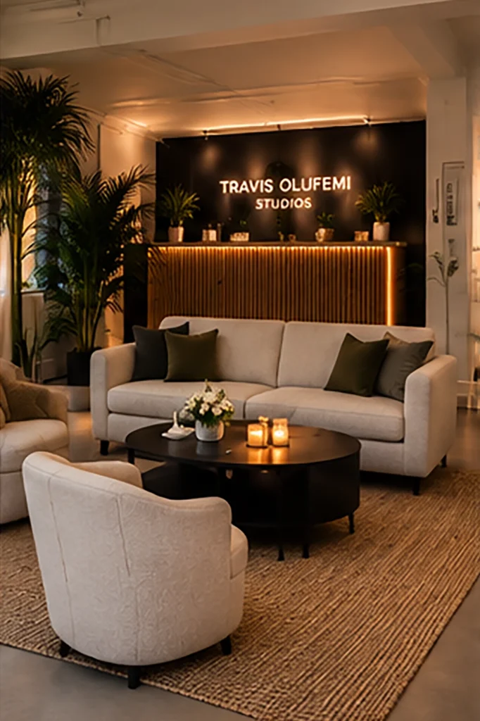 Stylish studio lounge featuring cozy seating, plants, and ambient lighting, showcasing the Travis Olufemi Studios brand.