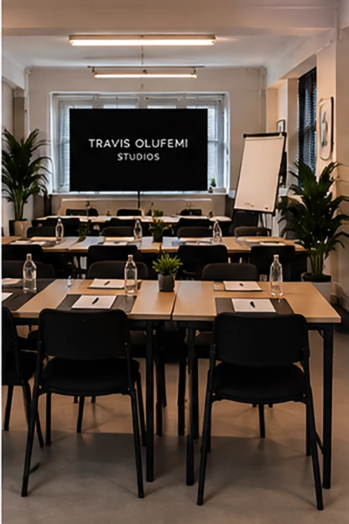 Modern classroom setup at Travis Olufemi Studios featuring tables, chairs, and a large presentation screen.