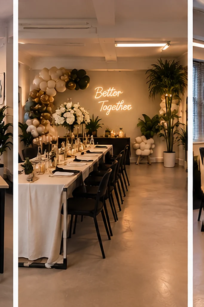 Elegant dining setup with a "Better Together" neon sign, floral arrangements, and decorative balloons for a special event.