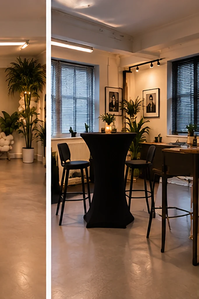 Stylish event space featuring plants, modern furniture, and ambient lighting, ideal for gatherings and social events.
