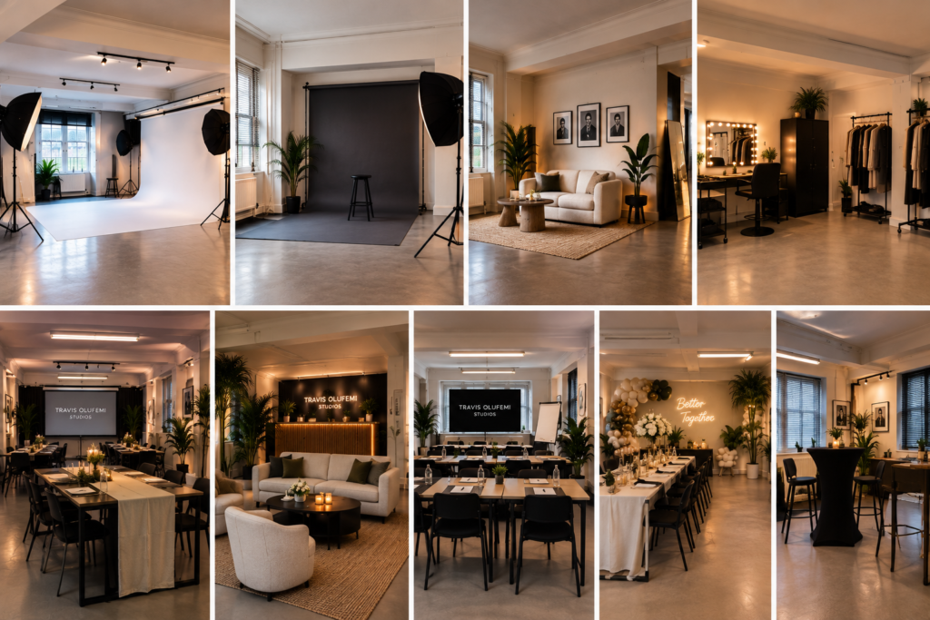 Versatile studio spaces featuring photography setups, meeting areas, and stylish lounge environments for various events.