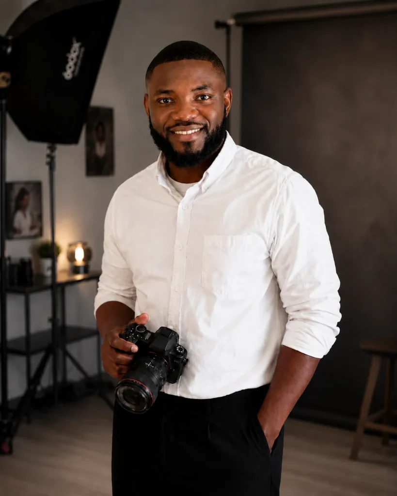 Smiling photographer in a studio holds a camera, showcasing a professional and inviting atmosphere.